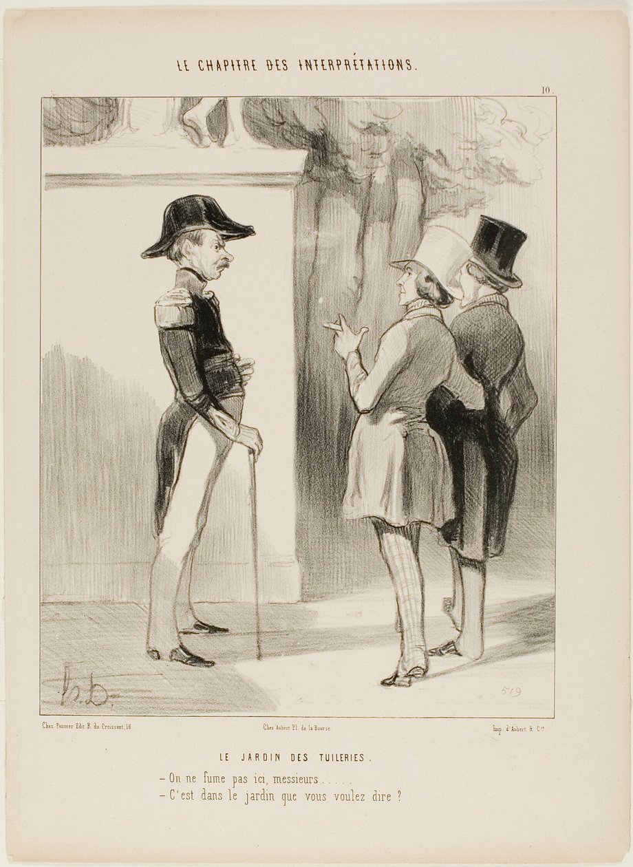 Os Jardins das Tulherias. "- Aqui não se pode fumar, Senhor! - Quer dizer no jardim", placa 10 de Le Chapitre Des Interprétations de Honoré Victorin Daumier