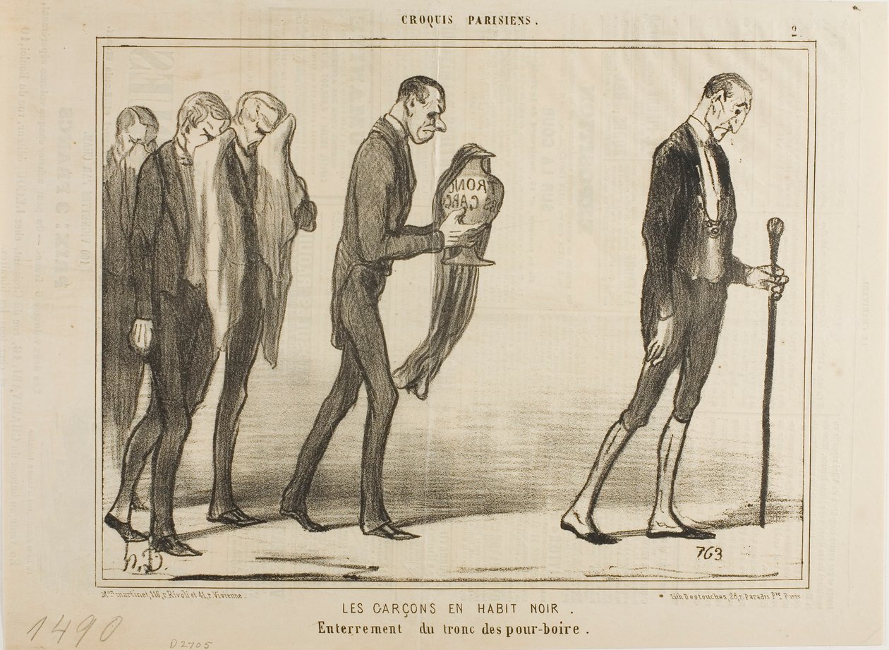 O empregado de mesa de fato preto. Funeral da caixa de gorjetas, placa 2 de Croquis Parisiens de Honoré Victorin Daumier