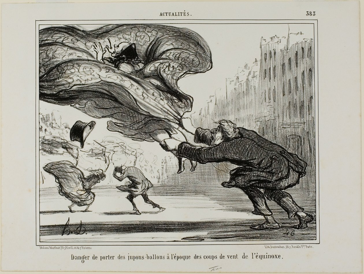 O perigo de usar saias de aro durante uma súbita tempestade primaveril, placa 26 de La Crinolomanie de Honoré Victorin Daumier