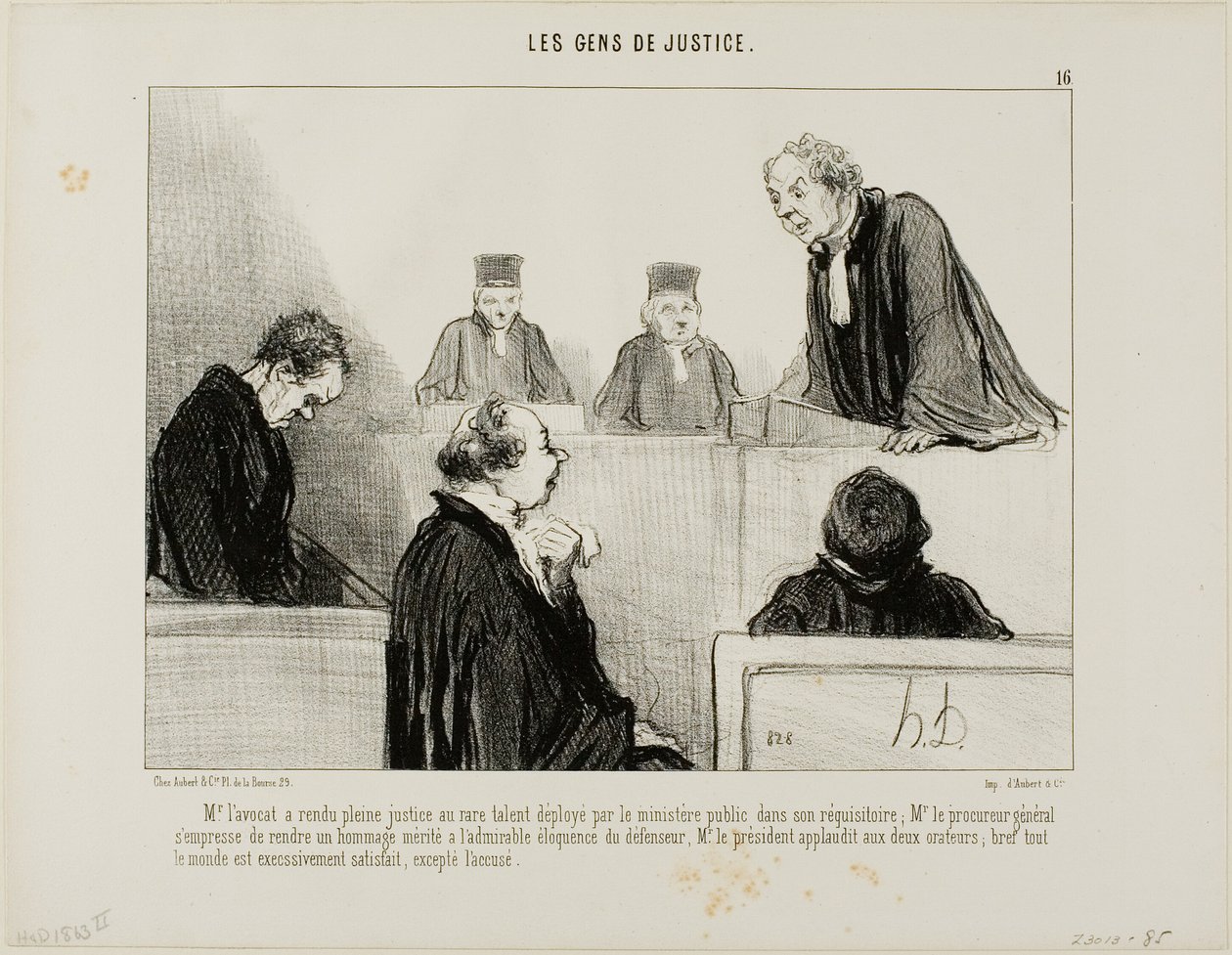 A defesa elogia o talento da acusação, enquanto o Procurador-Geral admira a eloquência da defesa. O juiz aplaude-os a ambos e todos ficam satisfeitos, exceto o arguido, placa 16 de Les Gens De Justice de Honoré Victorin Daumier