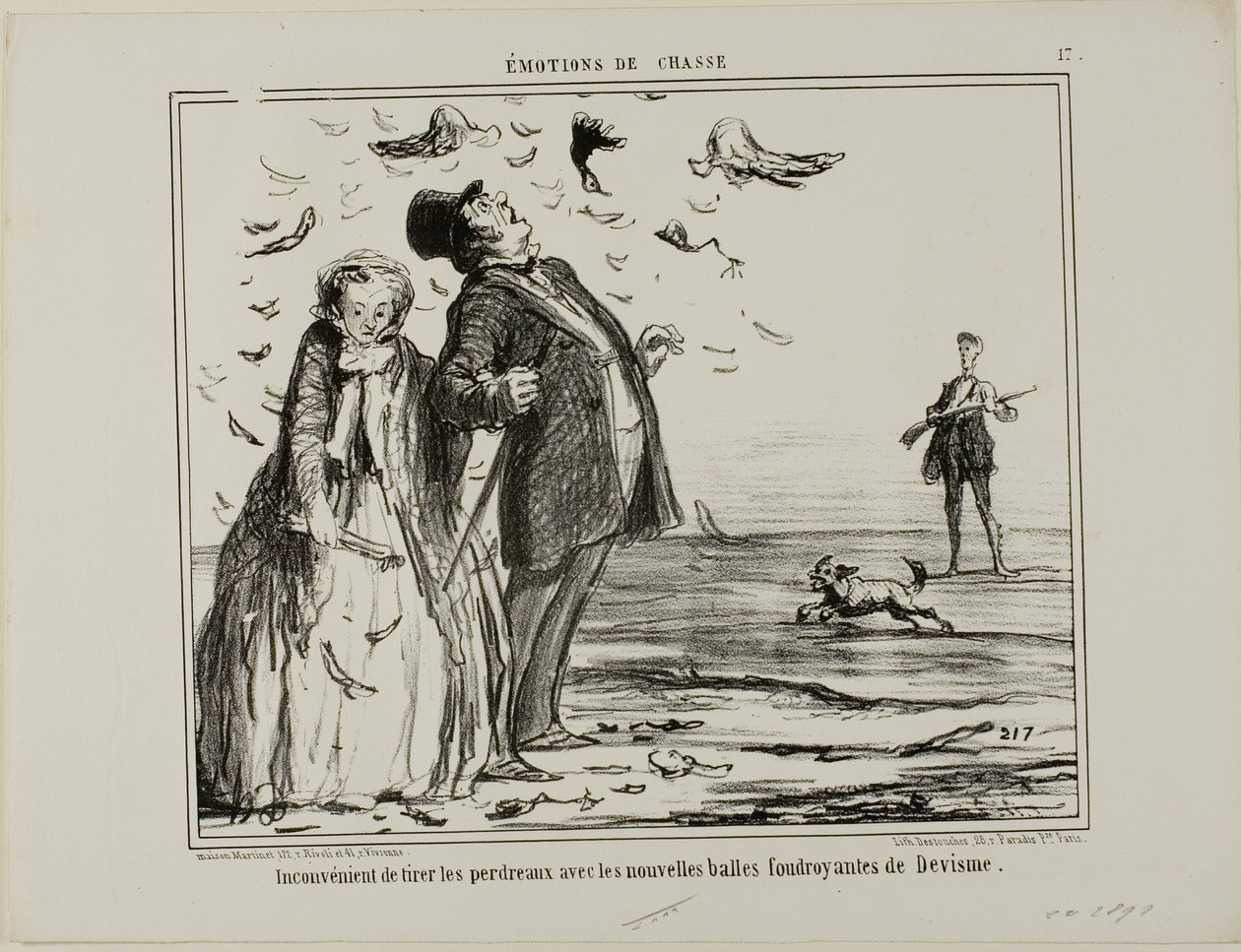 O inconveniente de atirar às perdizes jovens com as novas balas explosivas de Devisme, chapa 17 de Émotions De Chasse de Honoré Victorin Daumier