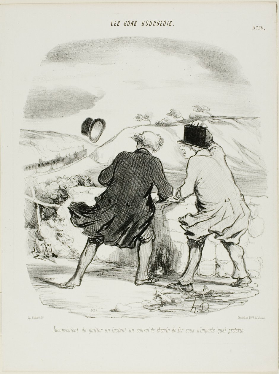O incómodo de abandonar o comboio, mesmo que seja por um instante e sob qualquer pretexto, chapa 29 de Les Bons Bourgeois de Honoré Victorin Daumier