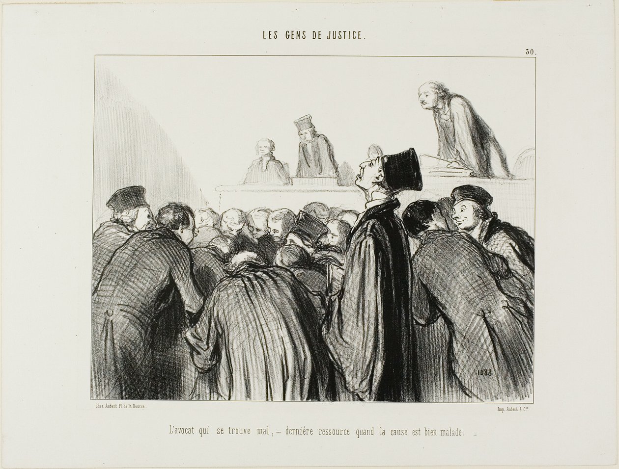 O advogado fica doente, um último recurso quando o seu caso começa a parecer doente, placa 30 de Les Gens De Justice de Honoré Victorin Daumier