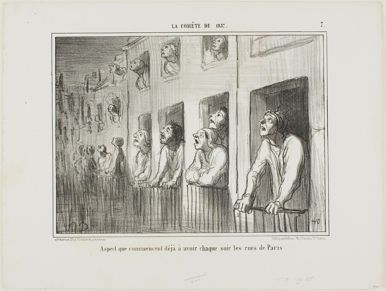 As ruas de Paris começam a ter este aspeto todas as noites, placa 7 de La Cométe De 1857 de Honoré Victorin Daumier