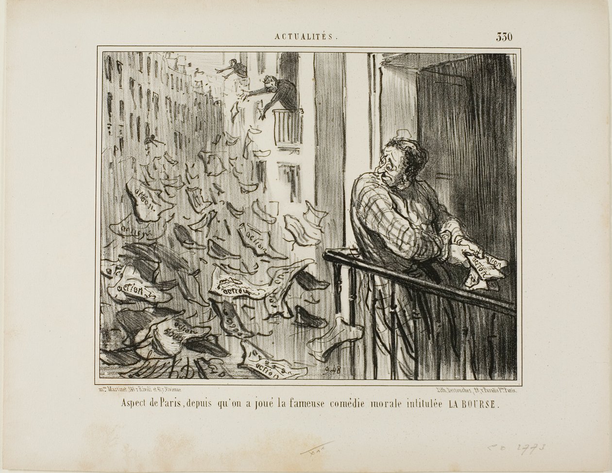 Vista das ruas de Paris após a representação da famosa comédia moralista "La Bourse", placa 330 de Actualités de Honoré Victorin Daumier