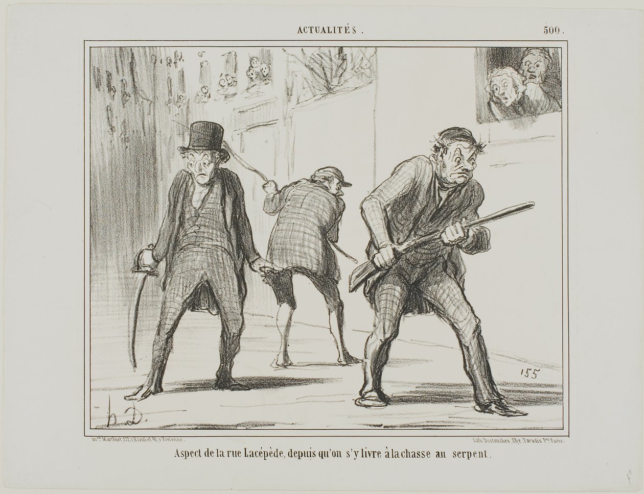 Vista da rua Lacépède durante a caça à serpente, chapa 500 de Actualités de Honoré Victorin Daumier