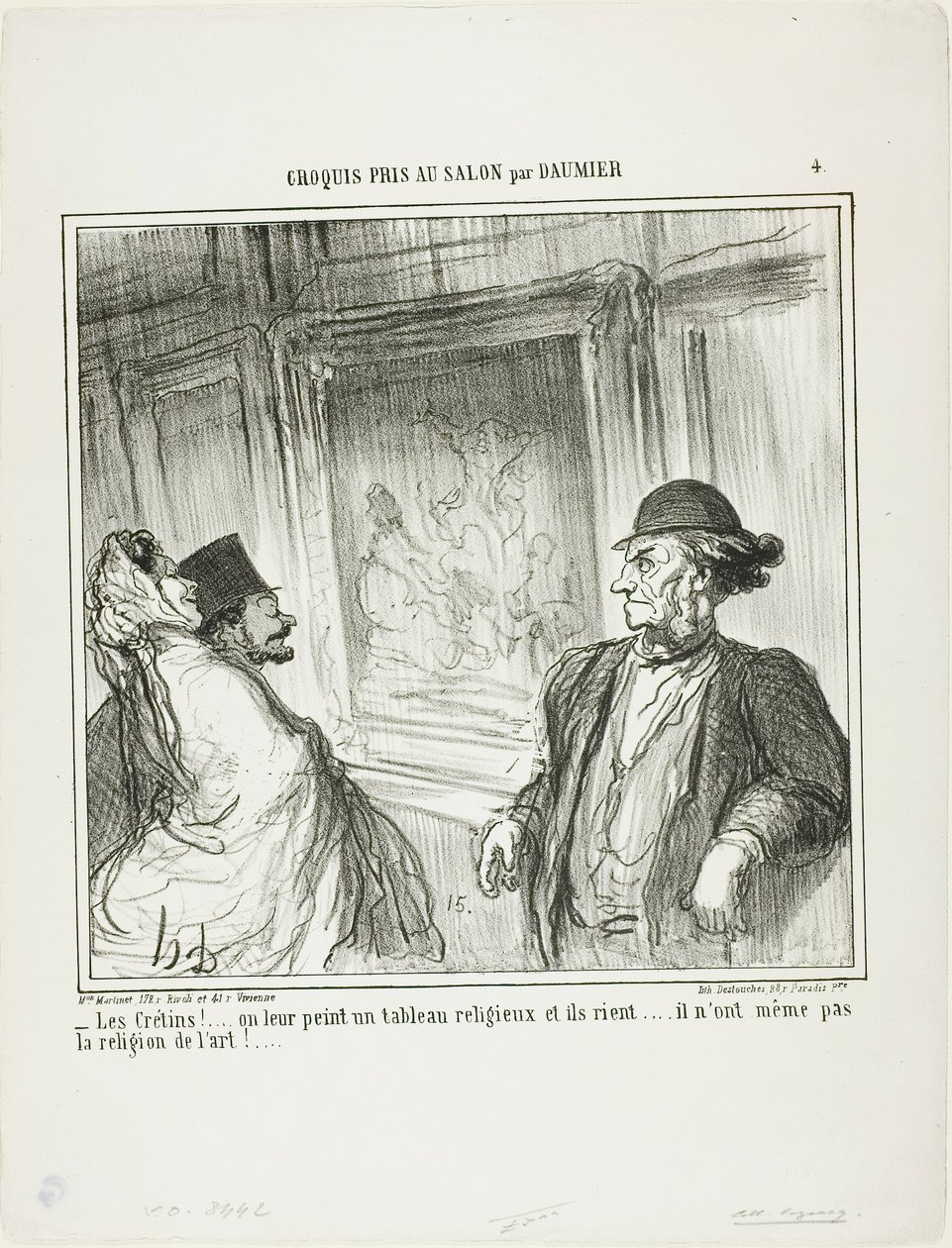 "Que idiotas! Pinta-se-lhes um quadro religioso e eles riem-se.... nem sequer têm devoção pela arte!...", placa 4 de Croquis Pris Au Salon par Daumier de Honoré Victorin Daumier