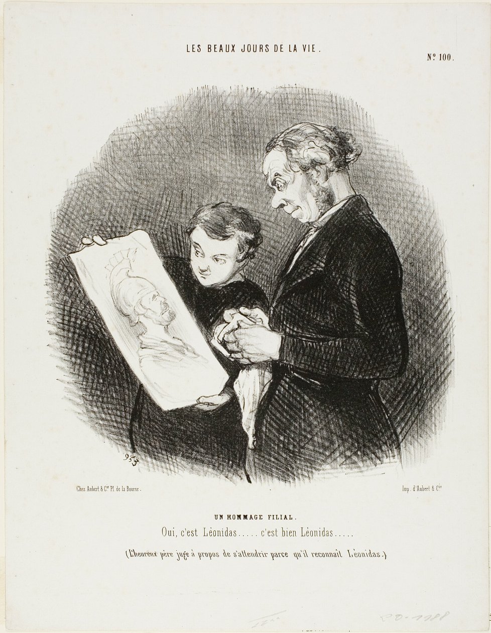 "Sim, é Leónidas...... Sem dúvida, é Leónidas!" (O pai feliz considera apropriado comover-se ao reconhecer Leónidas), placa 100 de Les Beaux Jours De La Vie de Honoré Victorin Daumier