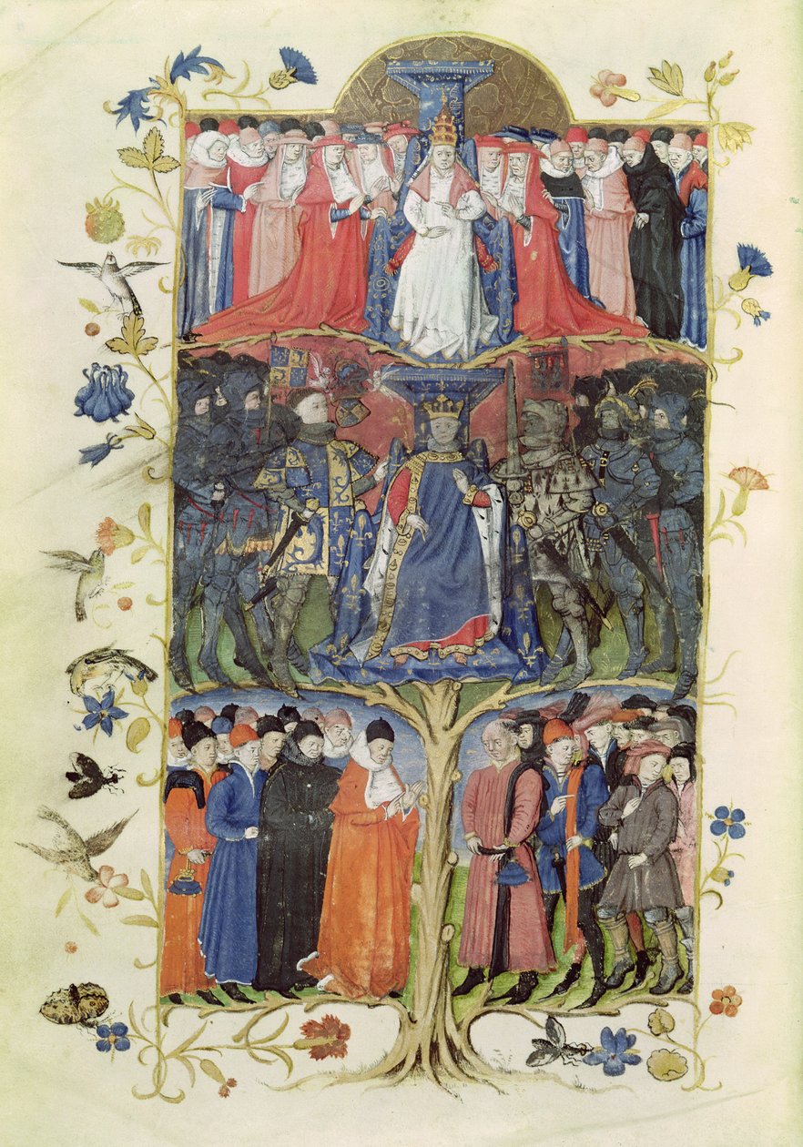 Ms 2695 f.6v A Árvore das Batalhas: Rei Carlos VII (1403-61) entre o Delfim, futuro Luís XI (1423-83) à sua direita e à sua esquerda, Arthur, conde de Richmond, condestável da França (1425- 58) e D de Honore Bonnet