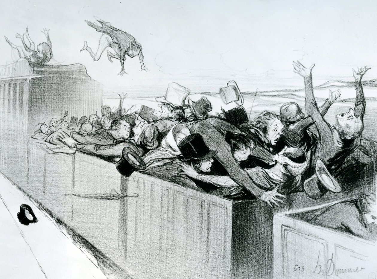 Impressions et Compressions de voyage, ilustração 9 da série "Ferrovias" de "Le Charivari", 1843 (litografia) de Honoré Daumier