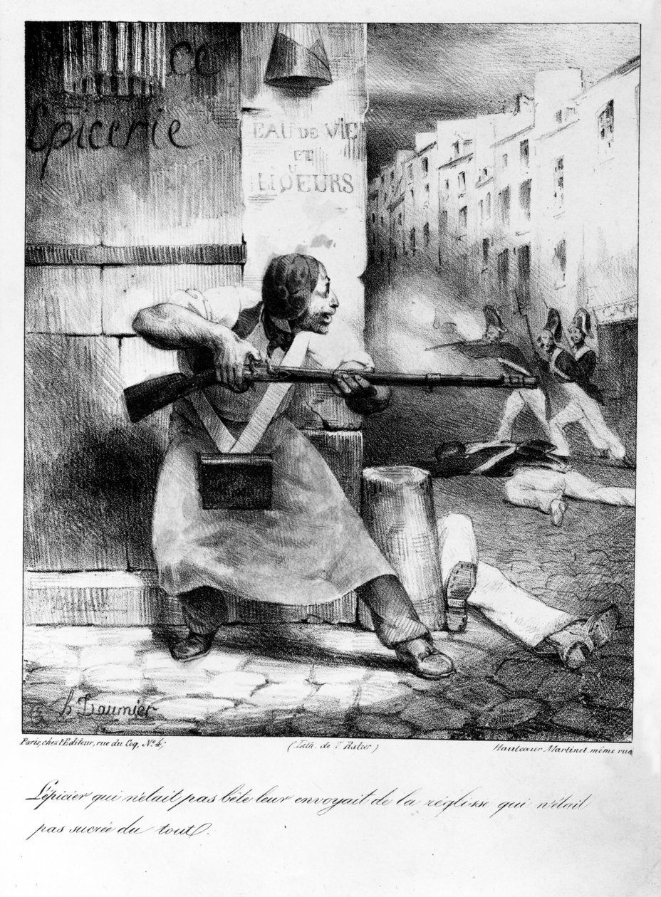 Mercearia rebelde dispara contra os gendarmes durante a Revolução de Julho de 1830 de Honoré Daumier