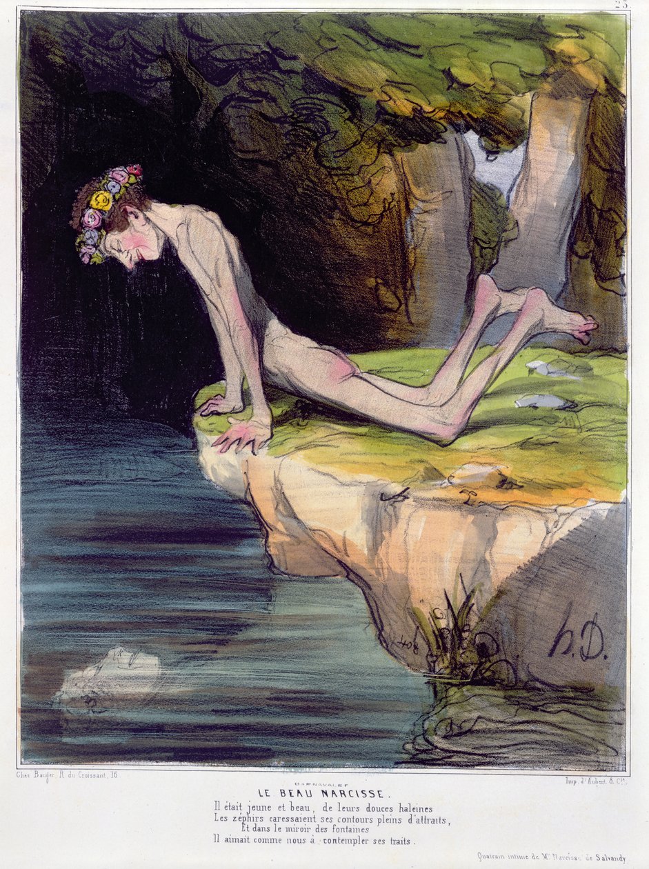 The Beautiful Narcissus, caricatura gravada por d&39;Aubert and Co. e publicada pela Bauger em Paris, 1840-50 de Honoré Daumier