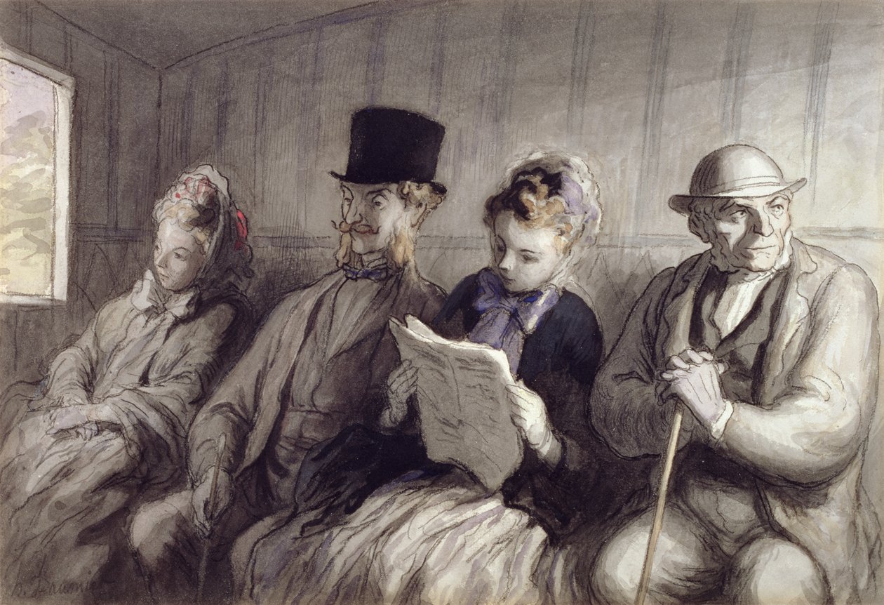 A Primeira Classe Carriage, 1864 (wc ink wash und charcoal on paper) de Honoré Daumier
