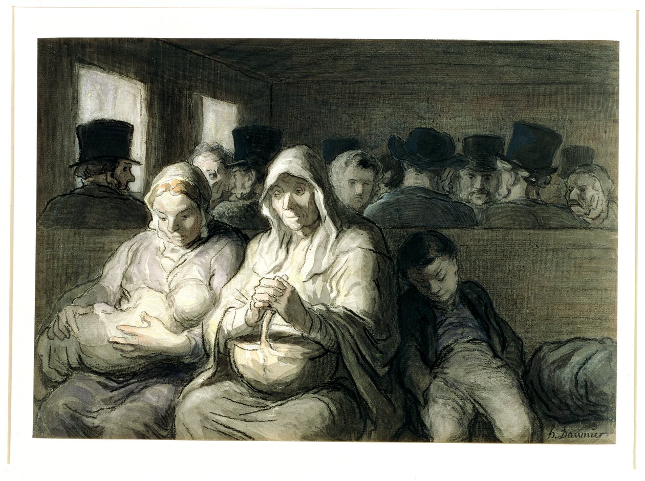 The Third Class Carriage, 1864 (wc lavagem de tinta e carvão no papel) de Honoré Daumier