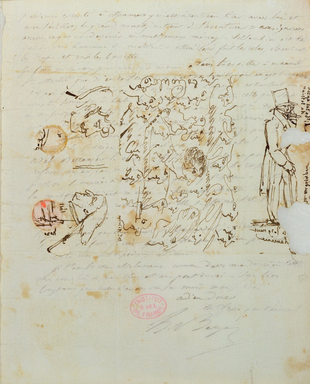 Carta com desenho enviada à irmã de Balzac, Laure, 1821 (caneta e tinta no papel) de Honore de Balzac