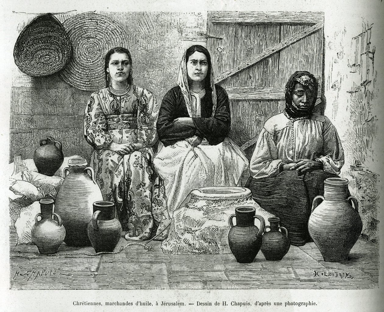 Cristãos, traficantes de petróleo em Jerusalém. Gravura de H. Chapuis, para ilustrar La Syria d