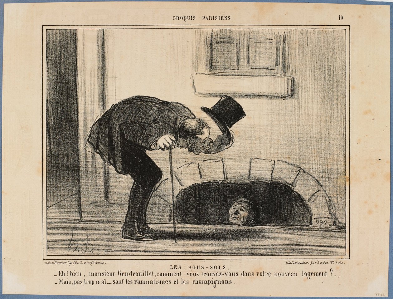 «Então, senhor Gendrouillet, como se encontra na sua nova habitação?» - «Nada mal, excepto o reumatismo e os cogumelos» de Honoré Daumier