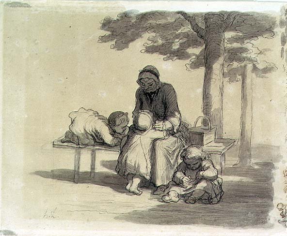 Uma avó (lavagem cinzenta e caneta e tinta sobre papel) de Honoré Daumier