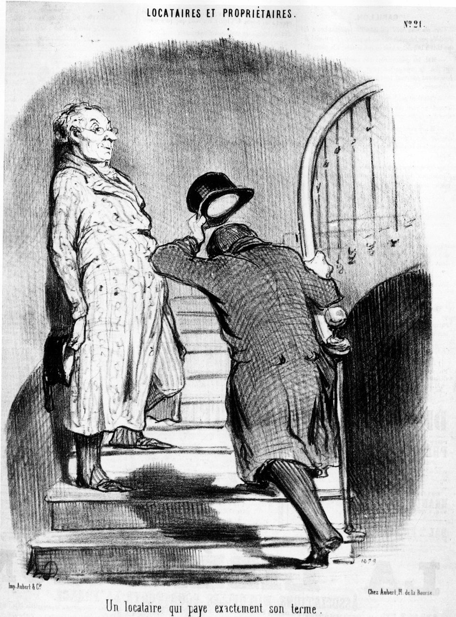 Um inquilino que paga exactamente o seu termo, retirado de "Tenants et Owners", série de desenhos animados de Honore Daumier (1808-1879). "Charivari". de Honoré Daumier