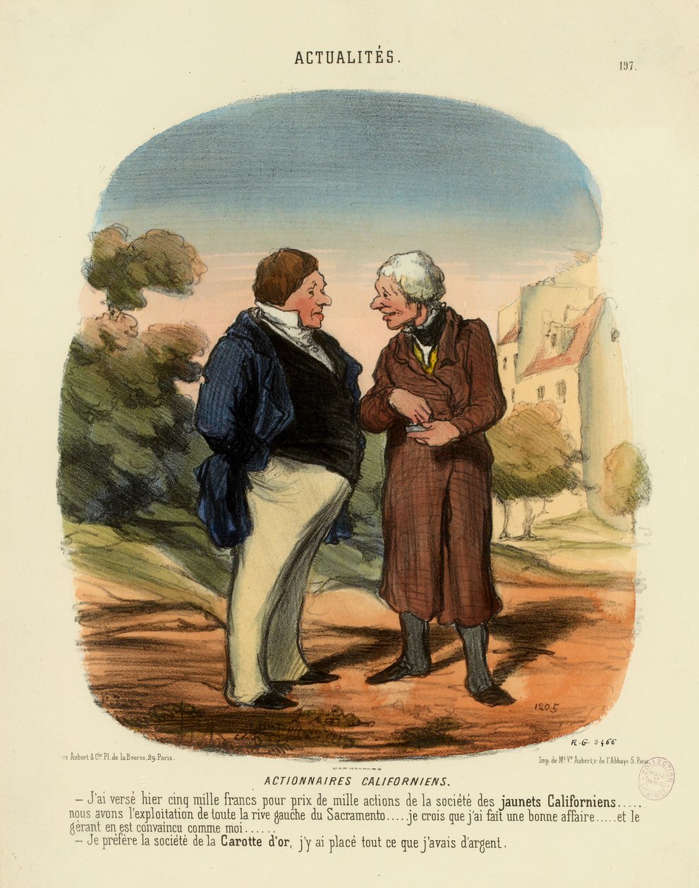 Notícias n.º 197: Acionistas da Califórnia. — Ontem paguei cinco mil francos como preço... de Honoré Daumier