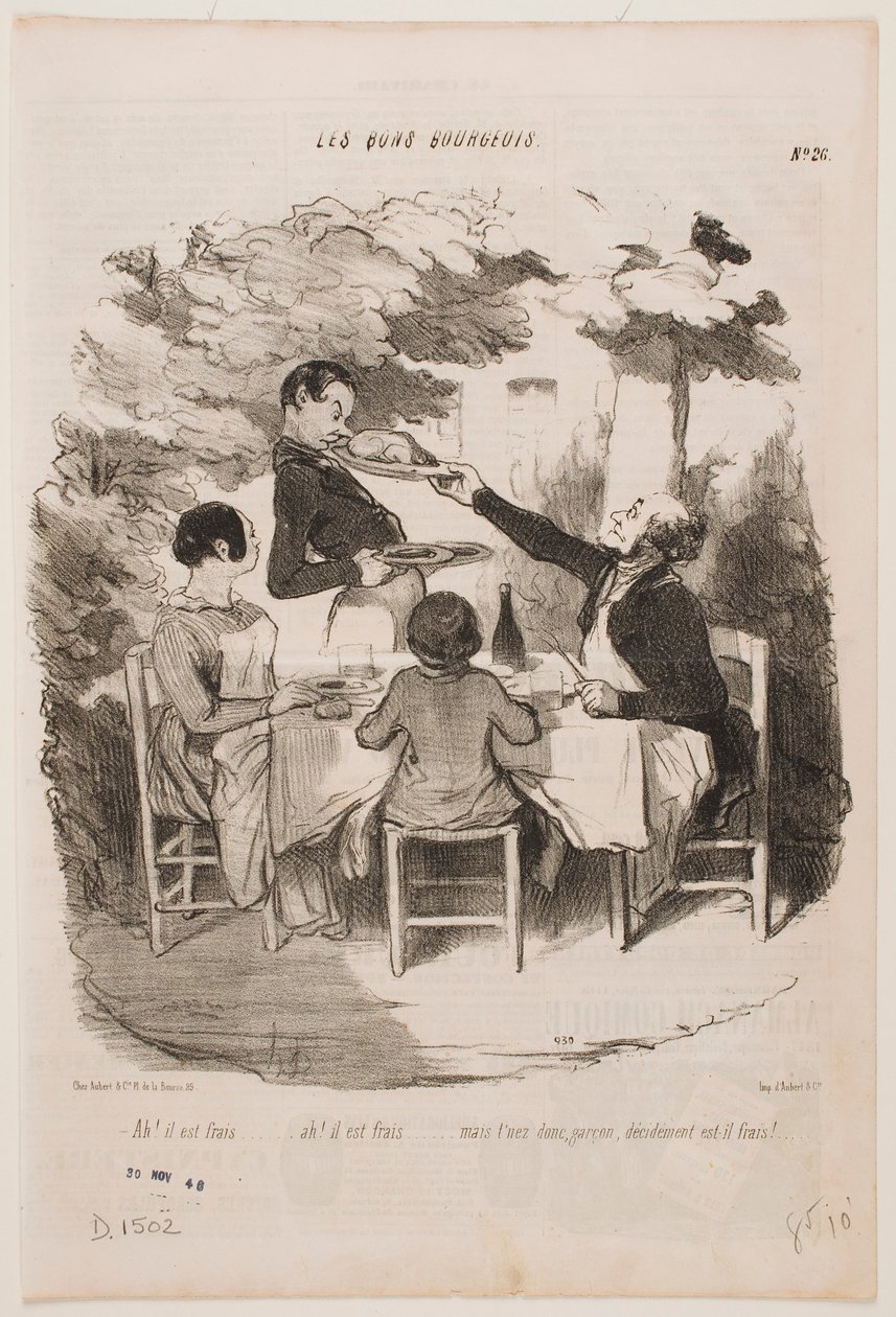 Ah, está fresco, está fresco! ... Cheire-o você mesmo, empregado de mesa, diz que isto está fresco? ... de Honoré Daumier