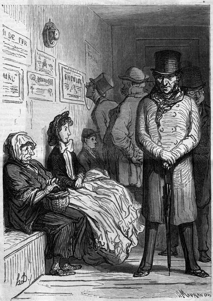 Uma secretária omnibus à espera. Cartoon de Honore Daumier (1808-1879). Gravura em "Le Monde Illustré" n°257 de 15 de Março de 1862. de Honoré Daumier