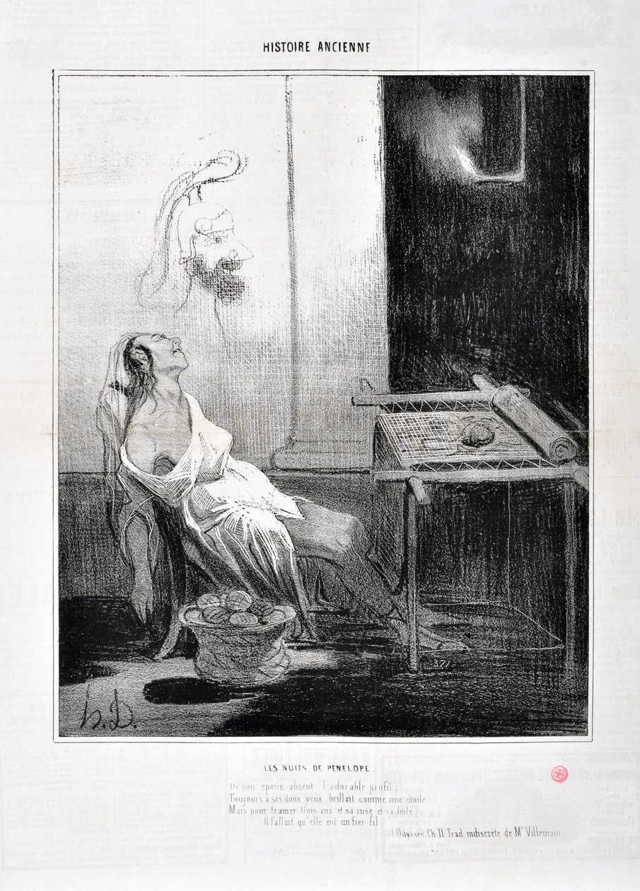 Obra de Honore Daumier (1808-1879) Charivari data de 1842: Serie HISTÓRIA ANCIE As Noites de Penélope "De seu spooux ausente o perfil adorável, Para sempre a seus olhos doces brilhou como uma estrela A fim de tecer três anos e sua astúcia e sua tela Ele de Honoré Daumier