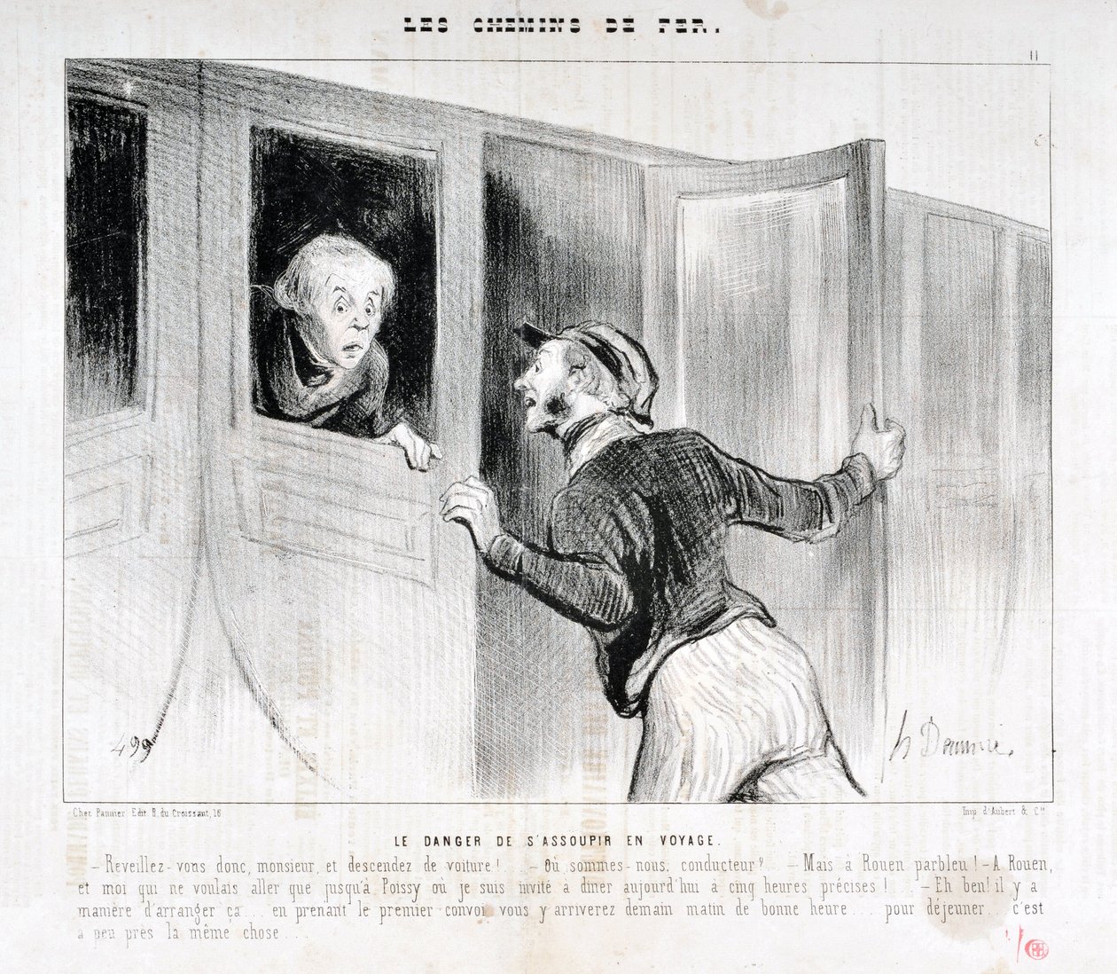 Obra de Honore Daumier (1808-1879). Charivari data de 1843: Serie LES RAILWAYS O perigo de adormecer numa viagem "- Acorde Senhor e saia do carro! - Para onde estamos a conduzir? - Mas Rouen parbleu! - Em Rouen e eu, que só queríamos ir a Poiss. de Honoré Daumier