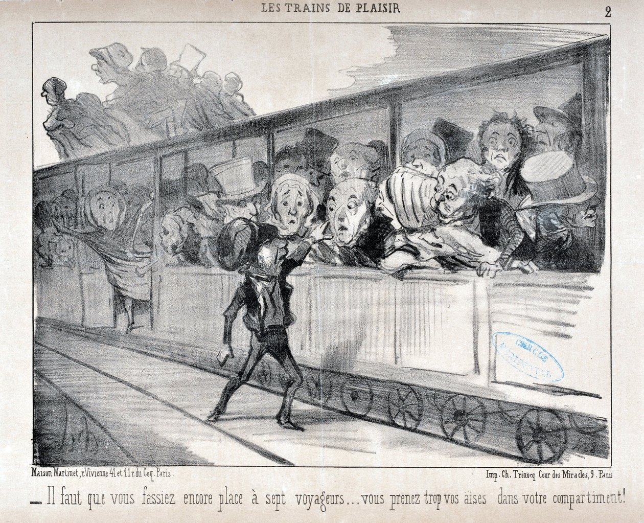 Obra de Honore Daumier (1808-1879). Charivari data de 1852: Serie LES TRAINS DE PLEASURE - Tens de arranjar espaço para sete passageiros... estás demasiado confortável no teu compartimento! MUSEU DE BELAS ARTES - PALÁCIO LONGCHAMP, MARSEILLE de Honoré Daumier
