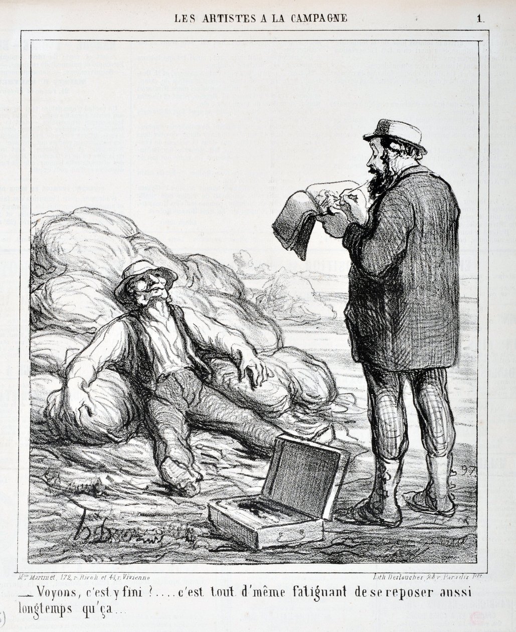 Obra de Honore Daumier (1808-1879). Charivari data de 1865: Serie LES ARTISTS IN THE CAMPAGNE "- Vamos ver, já acabou?... Ainda é cansativo descansar enquanto..." MUSEU DE BELAS ARTES - PALÁCIO LONGCHAMP, MARSEILLE de Honoré Daumier