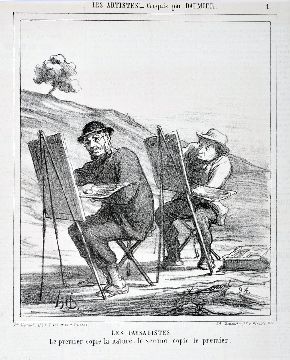 Obra de Honore Daumier (1808-1879). Charivari data de 1865: Serie LES ARTISTS Les paysagistes. "A primeira cópia natureza, a segunda cópia a primeira" MUSEE DES BEAUTS ARTS - PALAIS LONGCHAMP, MARSEILLE de Honoré Daumier