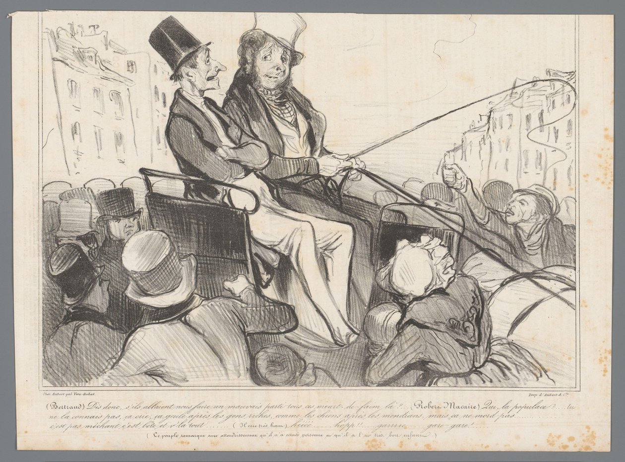 Bertrand e Robert-Macaire numa carruagem rodeados de pessoas de Honoré Daumier
