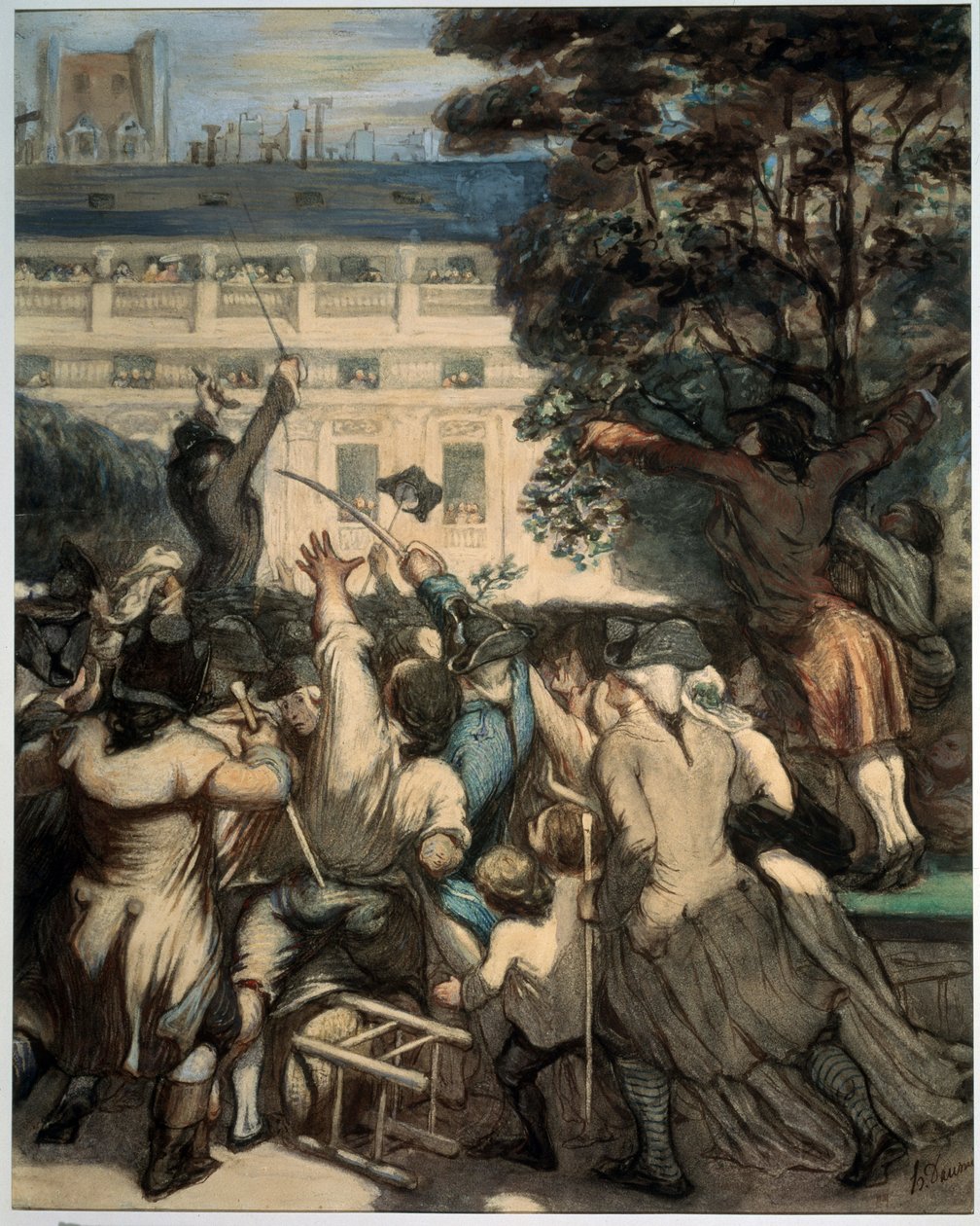 ""Camille Desmoulins (1760-1794) arenga aos patriotas nos jardins do Palácio Real"" Primeira cena da revolução francesa em Paris: em 12/07/1789, após a demissão de Jacques Necker pelo rei, Camille Desmoulins arenga a multidão no Palácio Real de Honoré Daumier