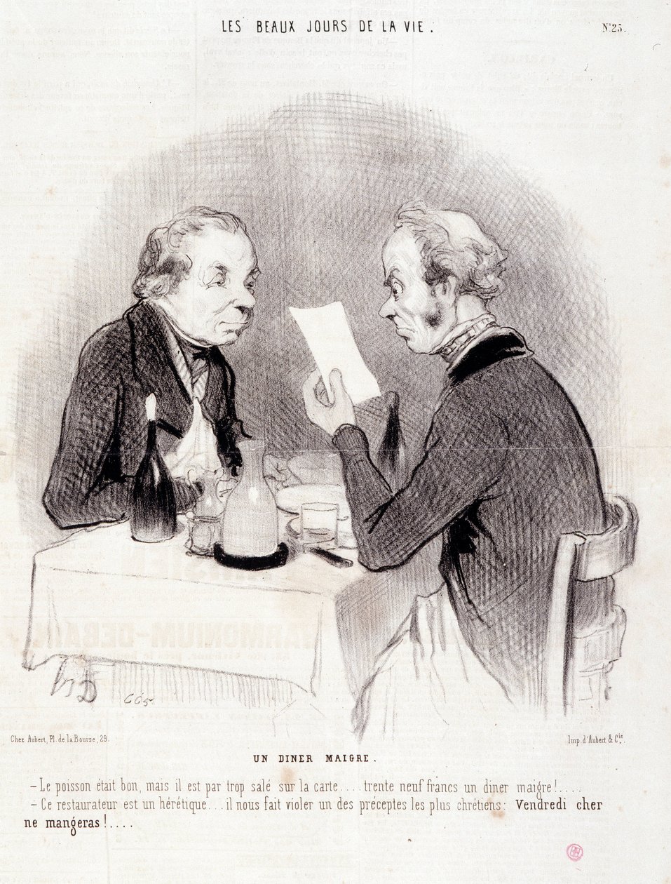 Desenho animado sobre a querida vida. Série "Os Bons Dias da Vida": Um jantar magro..." Gravação por Honore DAUMIER (1808-1879). Extracto do jornal "Le Charivari" de 18 de Outubro de Honoré Daumier
