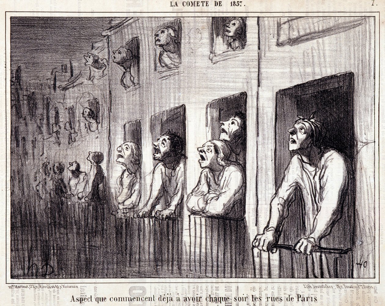 Desenho animado sobre ciência. Serie Sur "la Comete de 1857": "Aspecto que já começa a ter todas as noites as ruas de Paris". Gravura de Honore DAUMIER (1808-1879). Extracto do jornal "Le Charivari". Dim 38x25cm. Inv D - caixa 7 Marselha, de Honoré Daumier