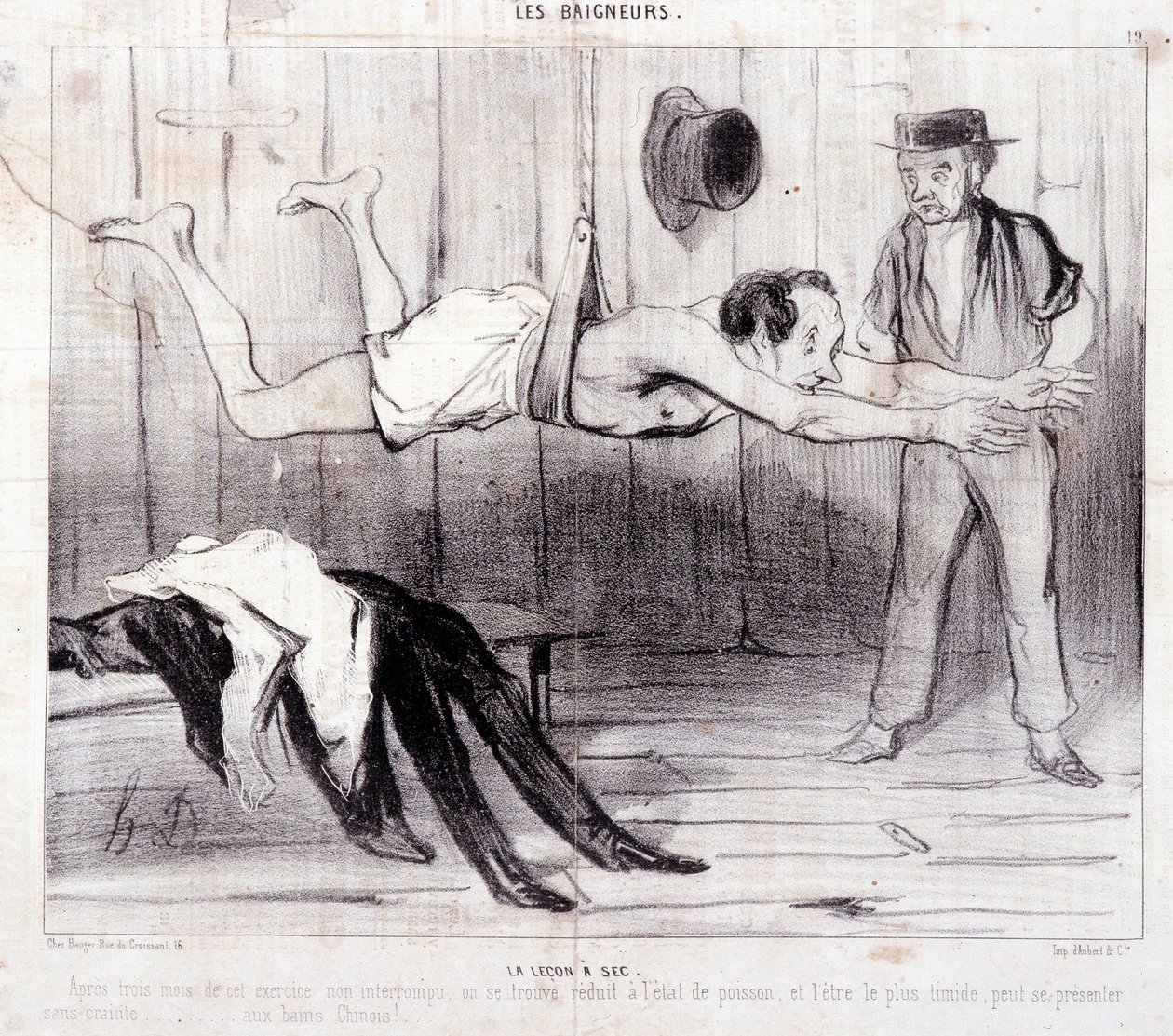 Desenho animado sobre turistas em férias. Série "Les Baigneurs": "La lecon a dry". Série "Les Baigneurs": "La lecon a dry". Gravação por Honore DAUMIER (1808-1879). Extracto do jornal "Le Charivari". Dim 25x36cm caixa 12 Marselha, Musee de Honoré Daumier
