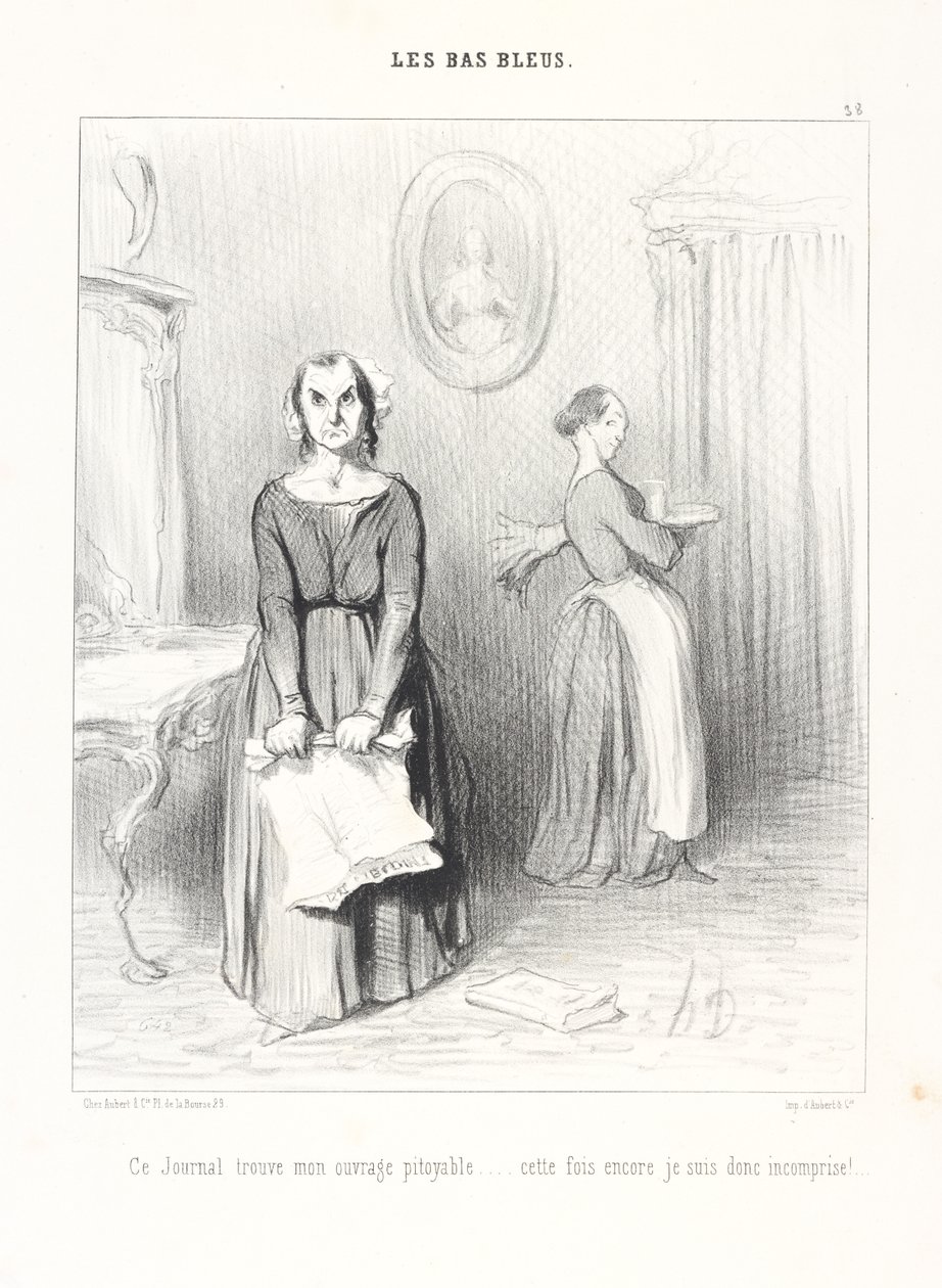 Este jornal considera a minha obra lamentável... mais uma vez sou, pois, incompreendida! Prancha 38 da série As mulheres letradas do jornal Le Charivari de Honoré Daumier
