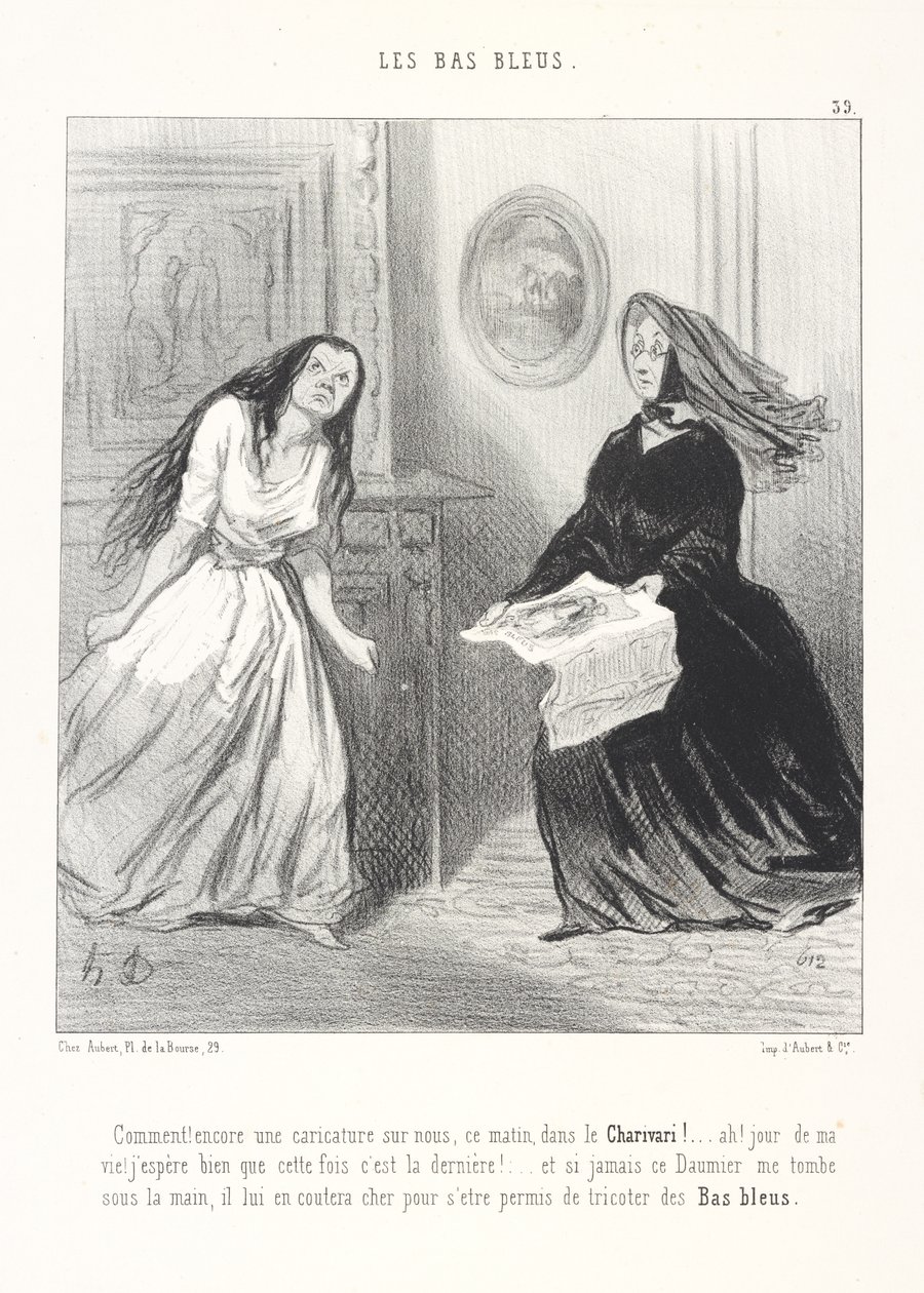 Como! Outra caricatura sobre nós, esta manhã, no Charivari! ... Ah! Pela minha vida! Espero bem que desta vez seja a última! ... E se esse Daumier alguma vez me cair nas mãos, vai pagar caro por se ter permitido tricotar meias azuis de Honoré Daumier
