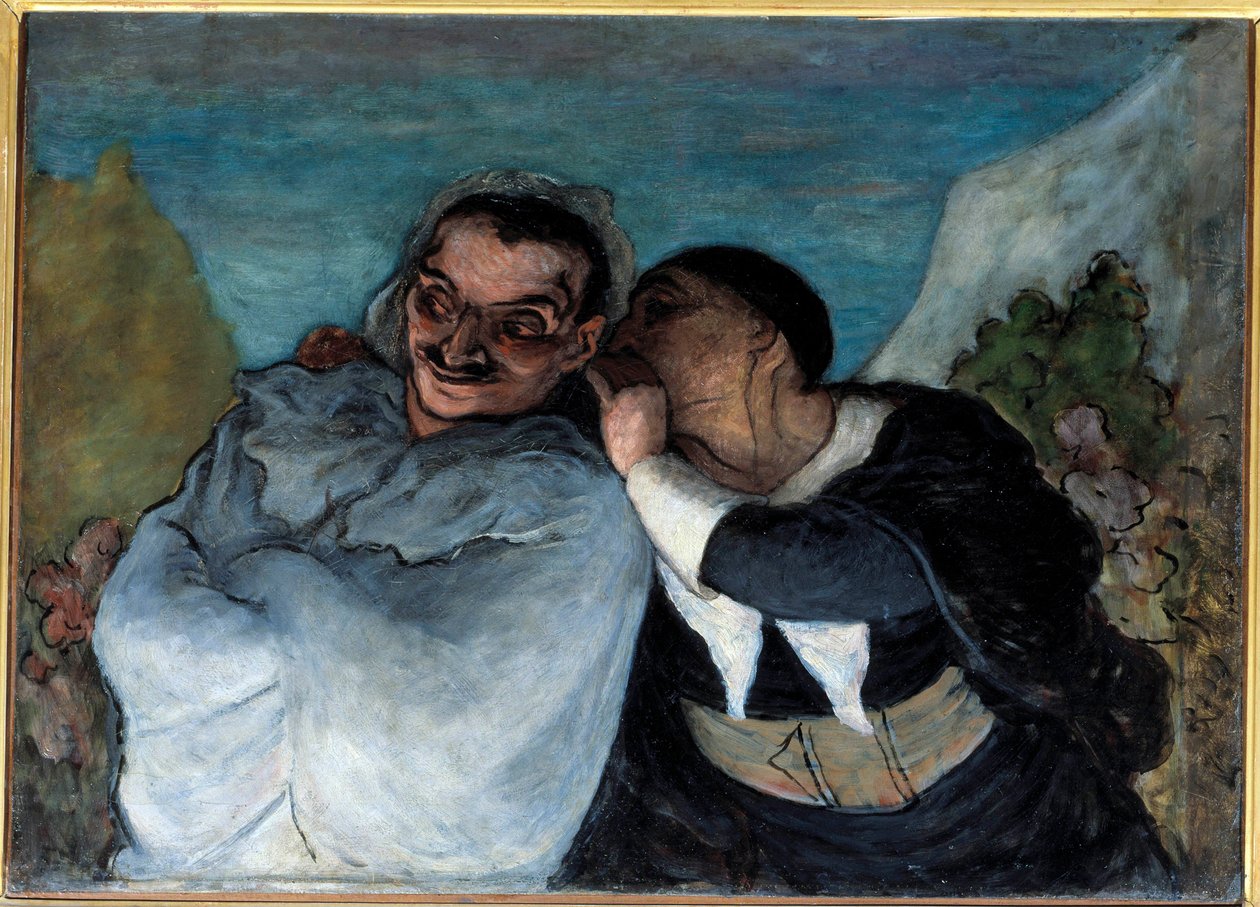 Crispin e Scapin também diz Scapin e Silvestre. Os dois personagens da peça "Les fourberies de Scapin", de Moliere, confidenciam ao ouvido. Pintura de Honore Daumier (1808-1879). 1864 Sol. 0,60 x 0,82 m Paris Musee d