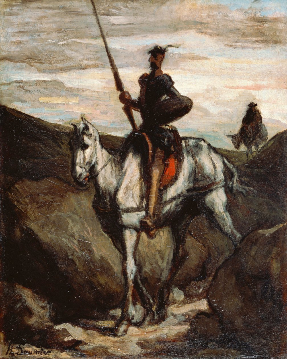 ""Don Quixote nas Montanhas"" (Don Quixote nas Montanhas) Pintura de Honore Daumier (1808-1879) cerca de 1850 - Óleo sobre madeira Dim 39,6x31,2 cm Museu de Arte Bridgestone de Honoré Daumier