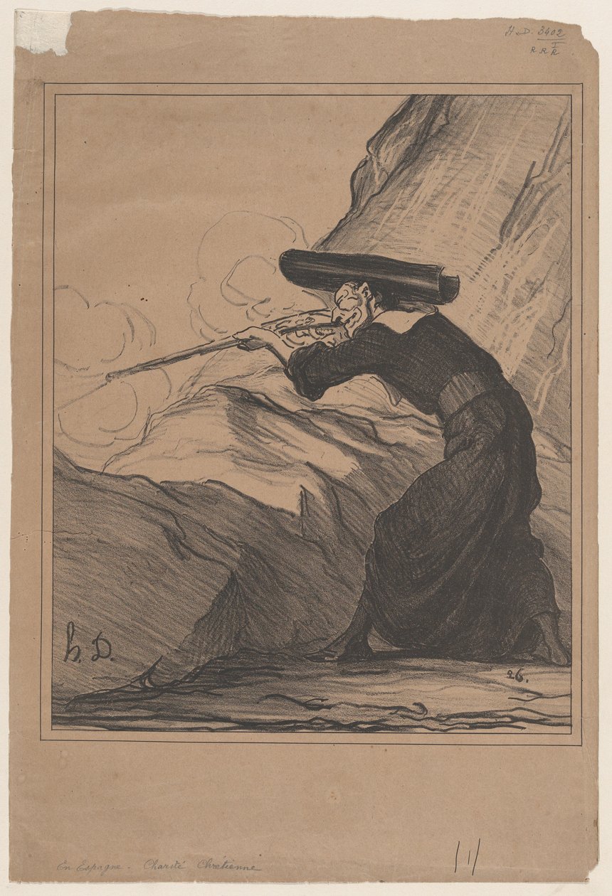 Em Espanha - caridade cristã, de «Notícias do dia», publicado em Le Charivari, 29 de maio de 1872 de Honoré Daumier