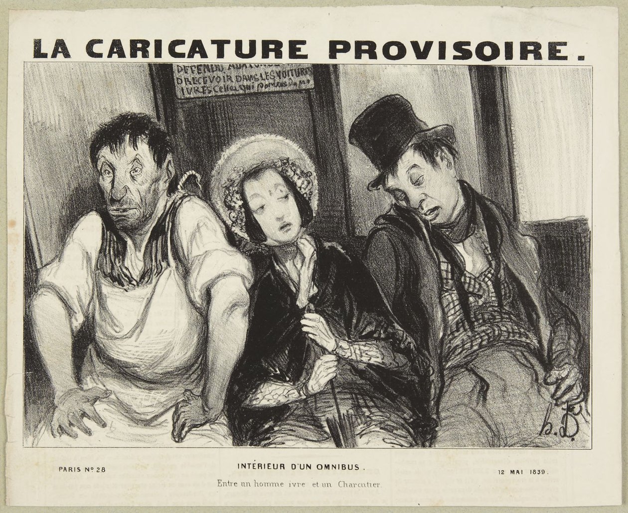 Interior de um ónibus, da série «Tipos parisienses» de La Caricature Provisoire de Honoré Daumier