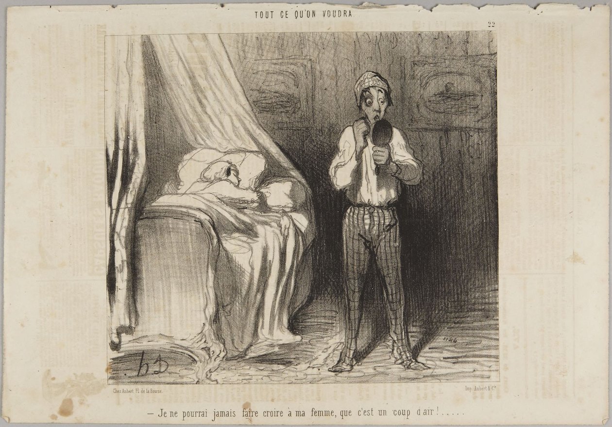 Nunca conseguirei fazer a minha mulher acreditar que foi uma corrente de ar!, número 22 da série Tudo o que se quiser de Le Charivari de Honoré Daumier