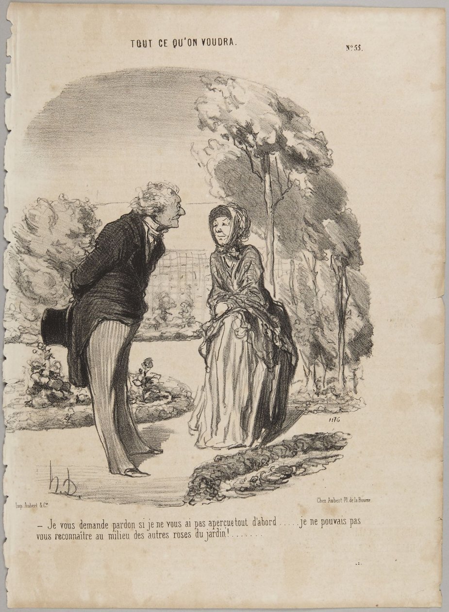 Peço-lhe perdão se não a reparei logo de início..., número 55 da série "Tudo o que se quiser" de Le Charivari de Honoré Daumier