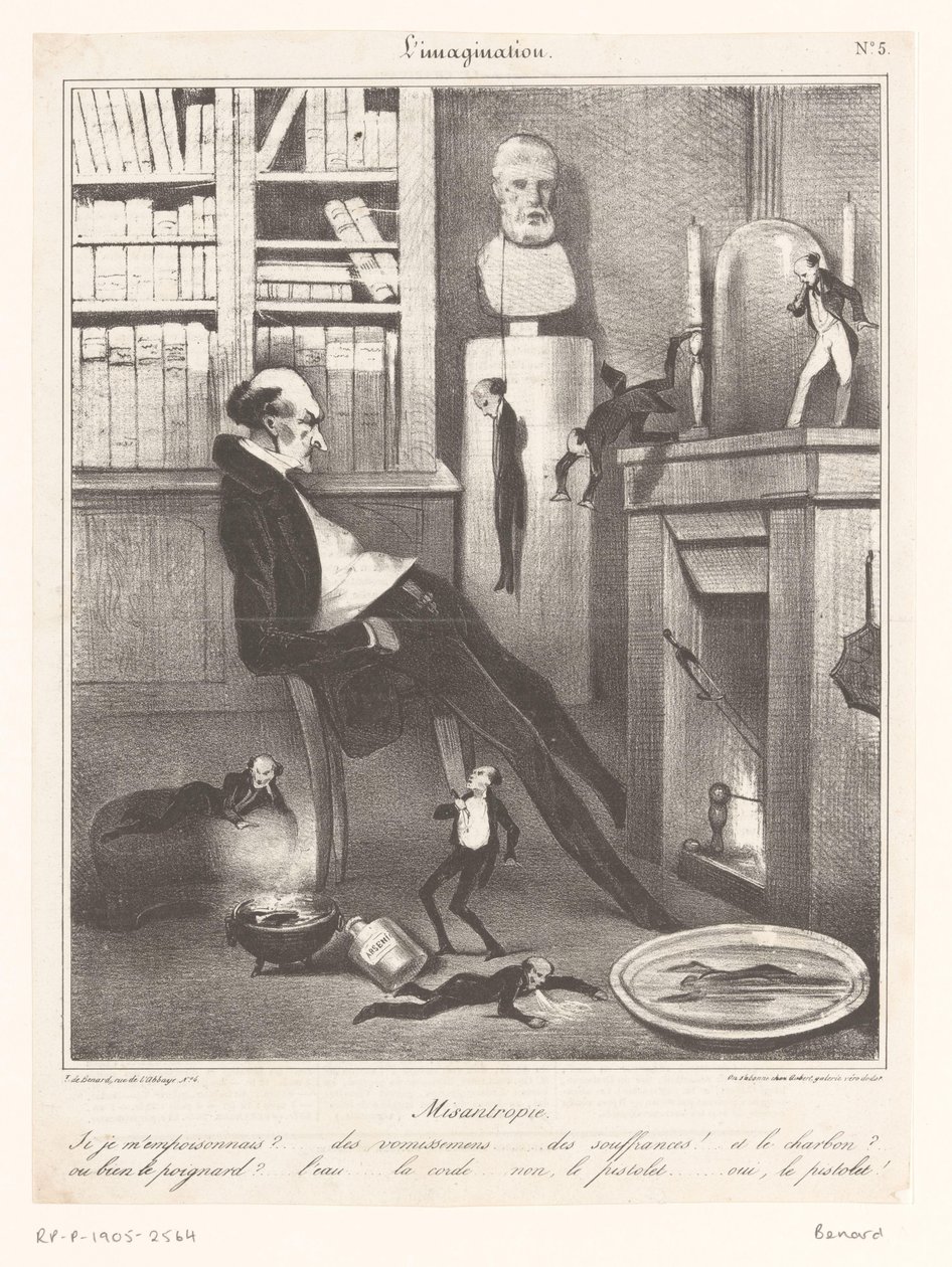 Caricatura de um misantropo a pensar em como se vai suicidar de Honoré Daumier