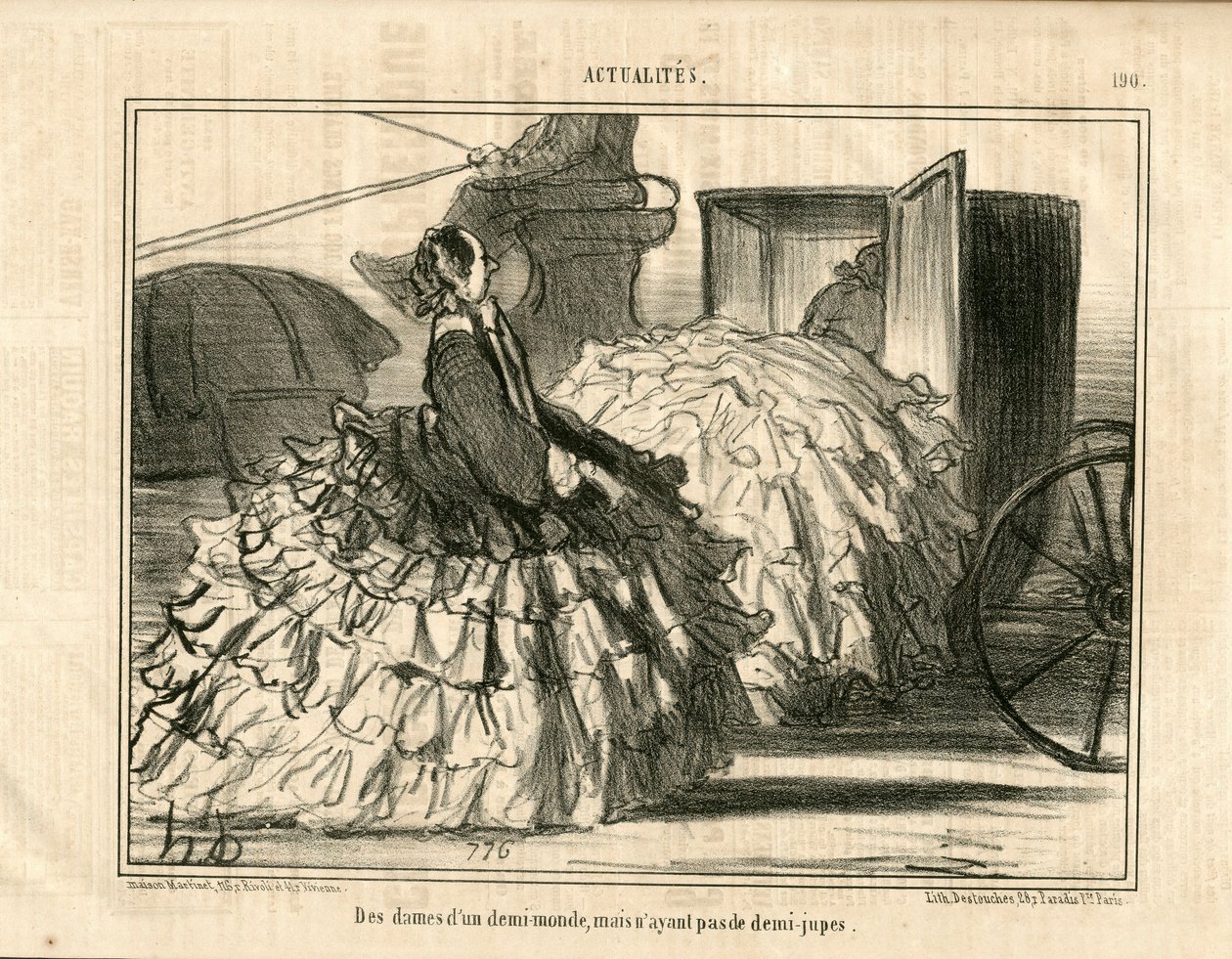Le Charivari, Satirical in B & W, ca. 1855_5_11: Notícias n* 190. Senhoras de um meio mundo, mas não saias. - Moda, Transporte, Crinolines - Ilustração Mulher por Honore Daumier (1808-1879) de Honoré Daumier