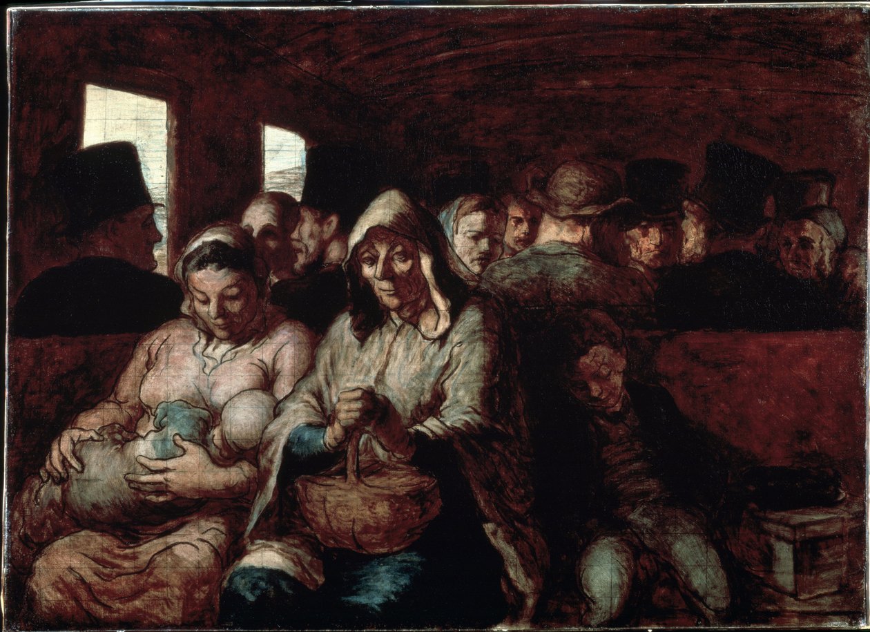 "Um vagão de terceira classe" (Le wagon de troisieme class) Duas mães de origem operária num comboio com os seus filhos. Pintura por Honore Daumier (1808-1879) 1862-1864 Museum of Fine Arts, Ottawa, Canadá de Honoré Daumier