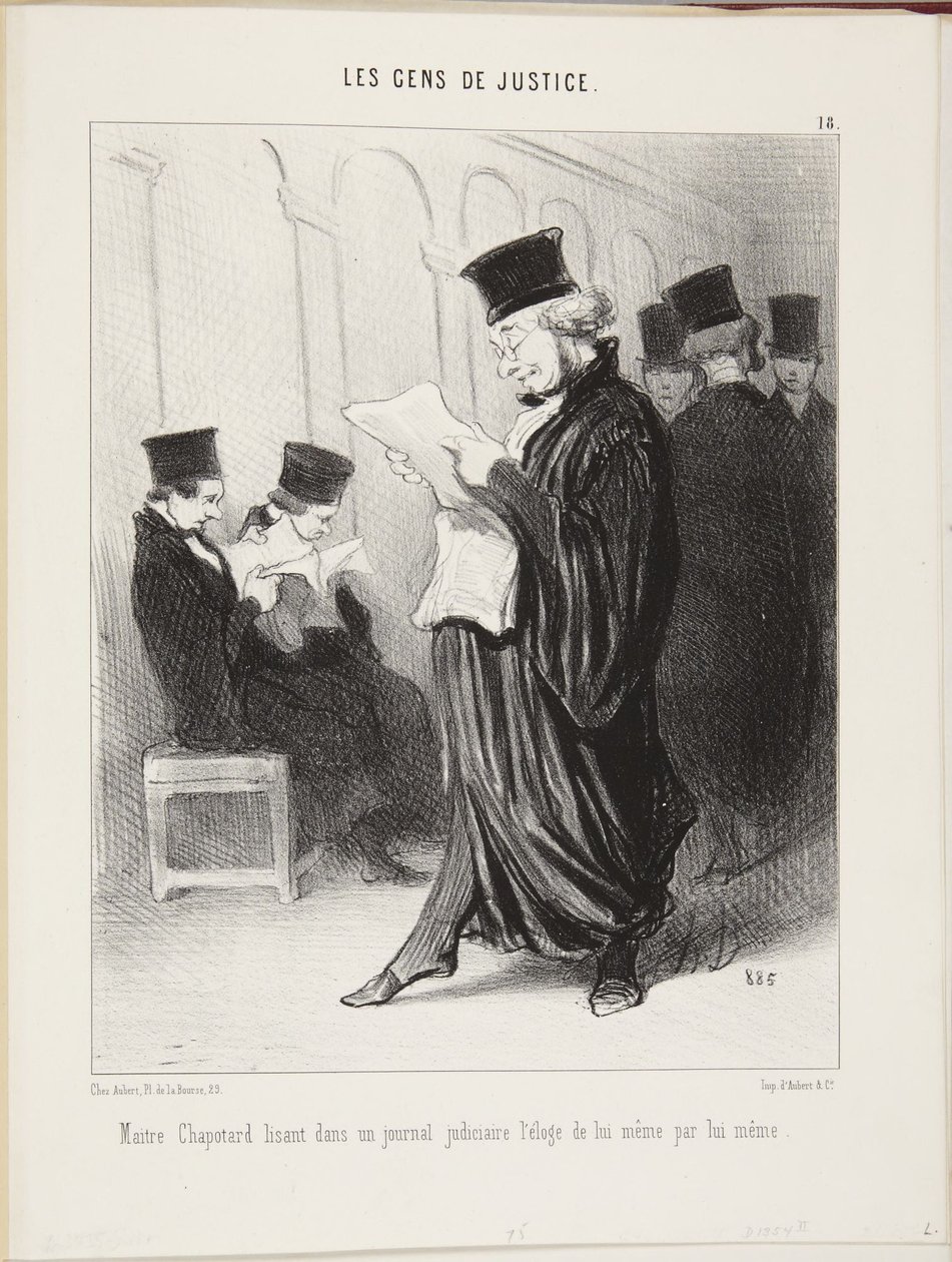 O mestre Chapotard lê num jornal judicial o elogio de si próprio feito por si próprio de Honoré Daumier