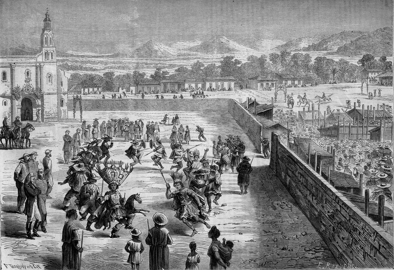 Costume mexicano: Festa e dança indiana em Santa Anna (México), em memória da conquista de Fernando Cortez. Os mexicanos ficaram enojados como conquistadores espanhóis e soldados do exército asteca de Montezuma. 1863. Gravura em "Le Monde Illustré" n°315 d de Honoré Daumier