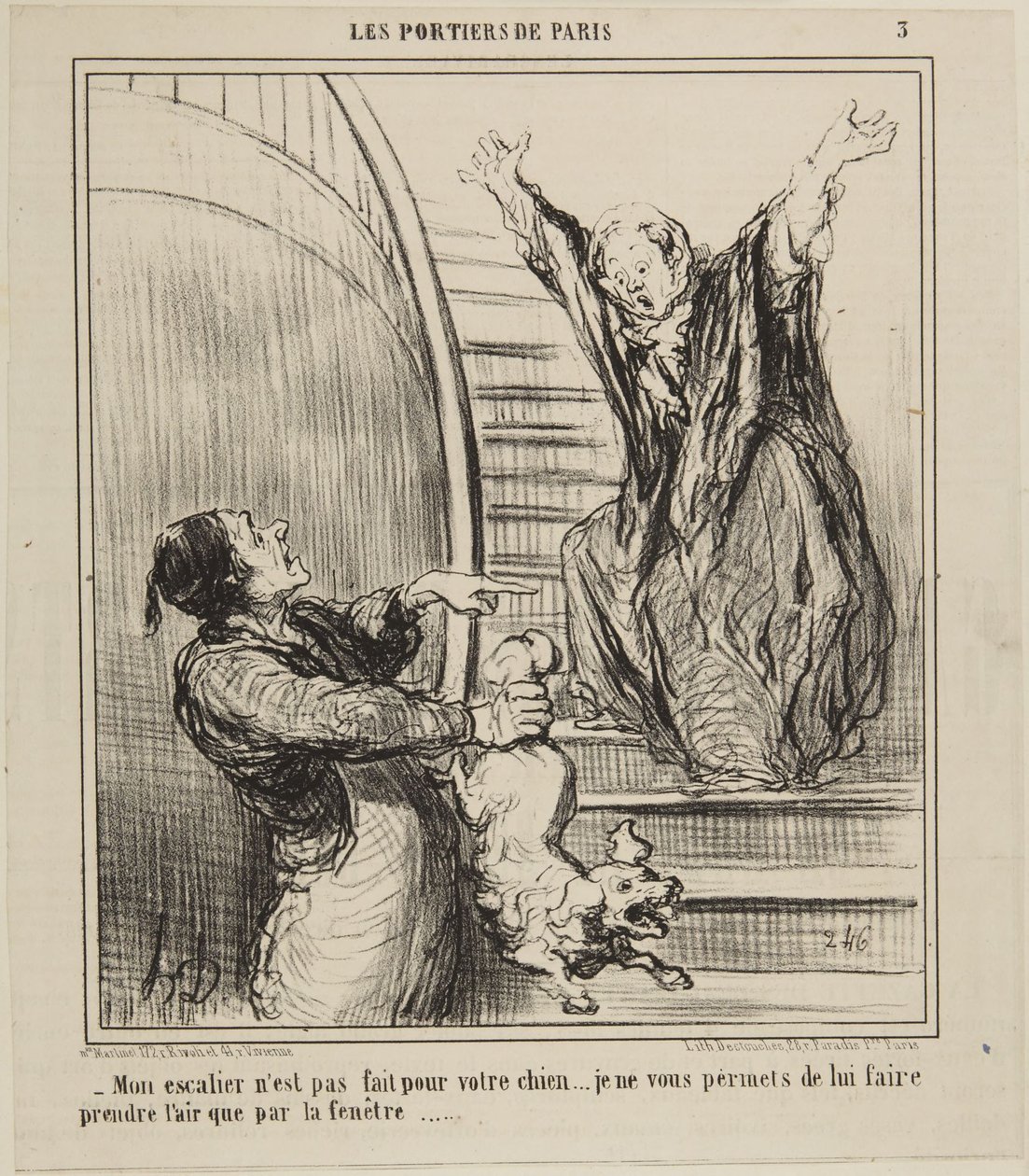 A minha escada não foi feita para o seu cão..., número 3 da série Os porteiros de Paris de Le Charivari de Honoré Daumier
